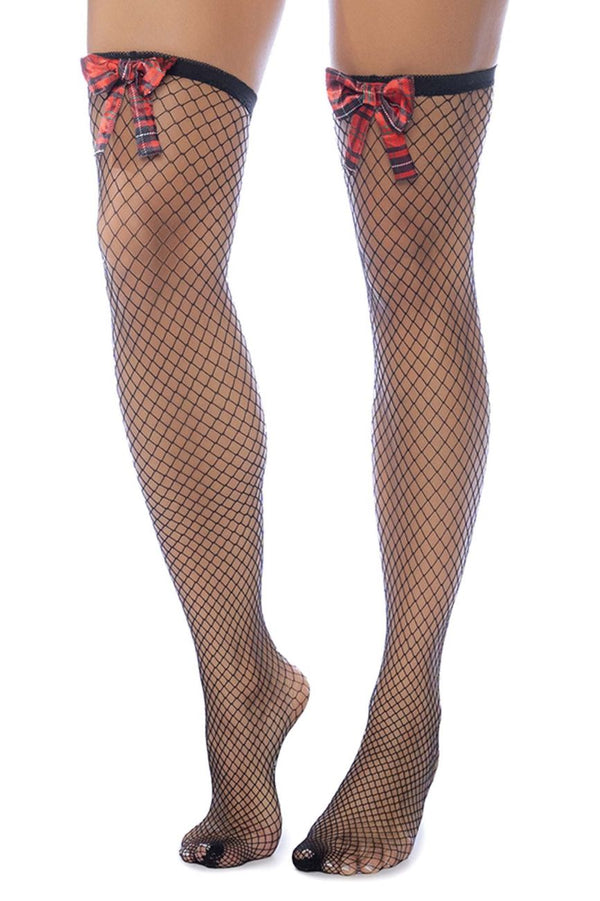 Mapale Women's Hosiery 1128 Diamond Fishnet Thigh Highs with Plaid Bows Color Black-Plaid