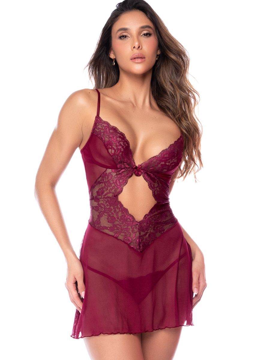 Mapale Women's Lingerie 7637 Seductive Babydoll with Matching Thong Color Burgundy