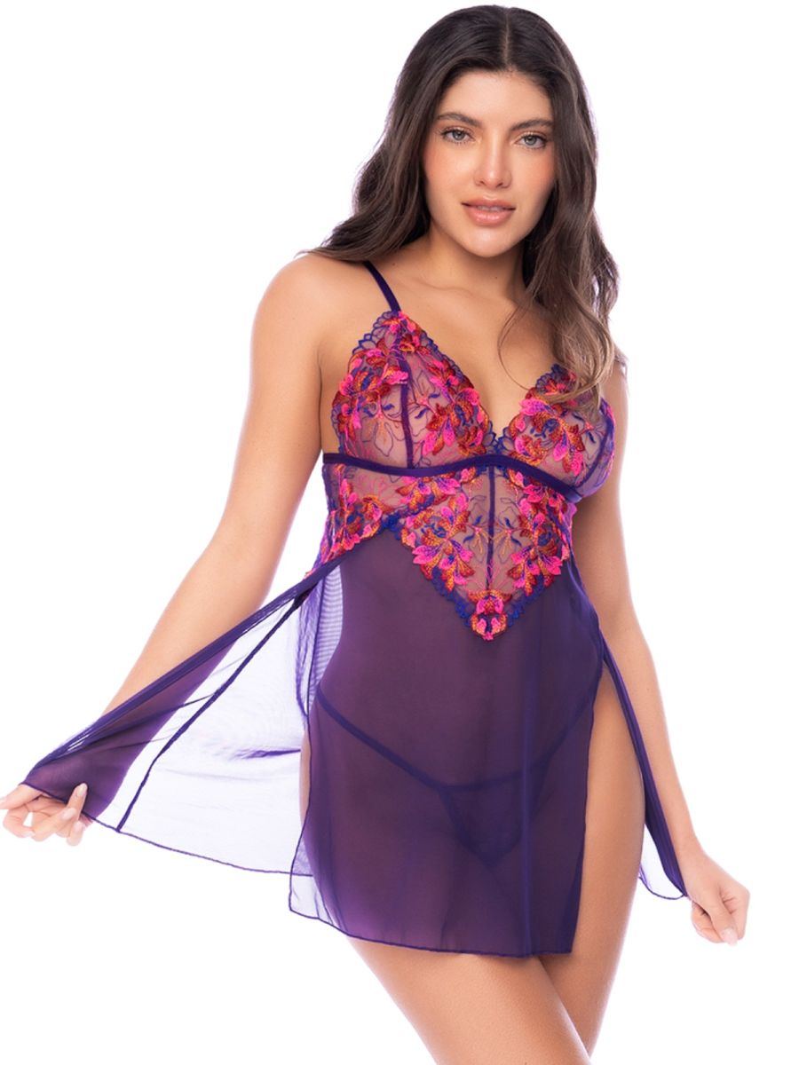 Mapale Women's Lingerie 7644 Alluring Babydoll with Matching Thong Color Orchid Obscura