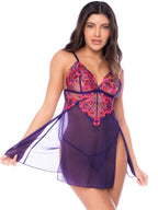 Mapale Women's Lingerie 7644 Alluring Babydoll with Matching Thong Color Orchid Obscura