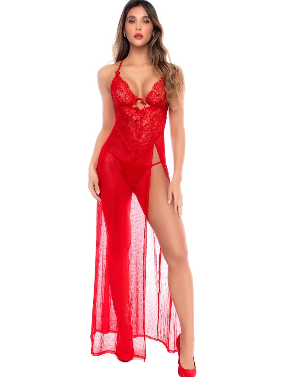 Mapale Women's Lingerie 7649 Seductive Long Gown with Matching Thong Color Red
